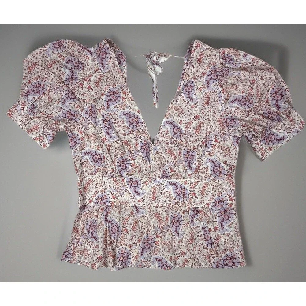 J.Crew Floral Peplum Top Womens  8 Puff Sleeve Open Back Tie Cottagecore
